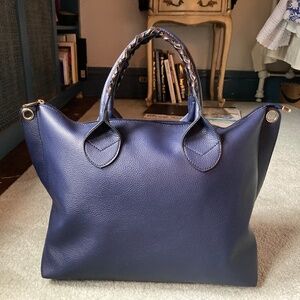 Navy Vegan Leather Braided Top Handle Zip-Up Tote Bag Purse w/Detachable Handle